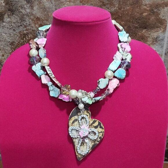 Double Strand Necklace Bracelet Set Double Mixed Pink Turquoise Stone Beads Cros - Picture 6 of 15